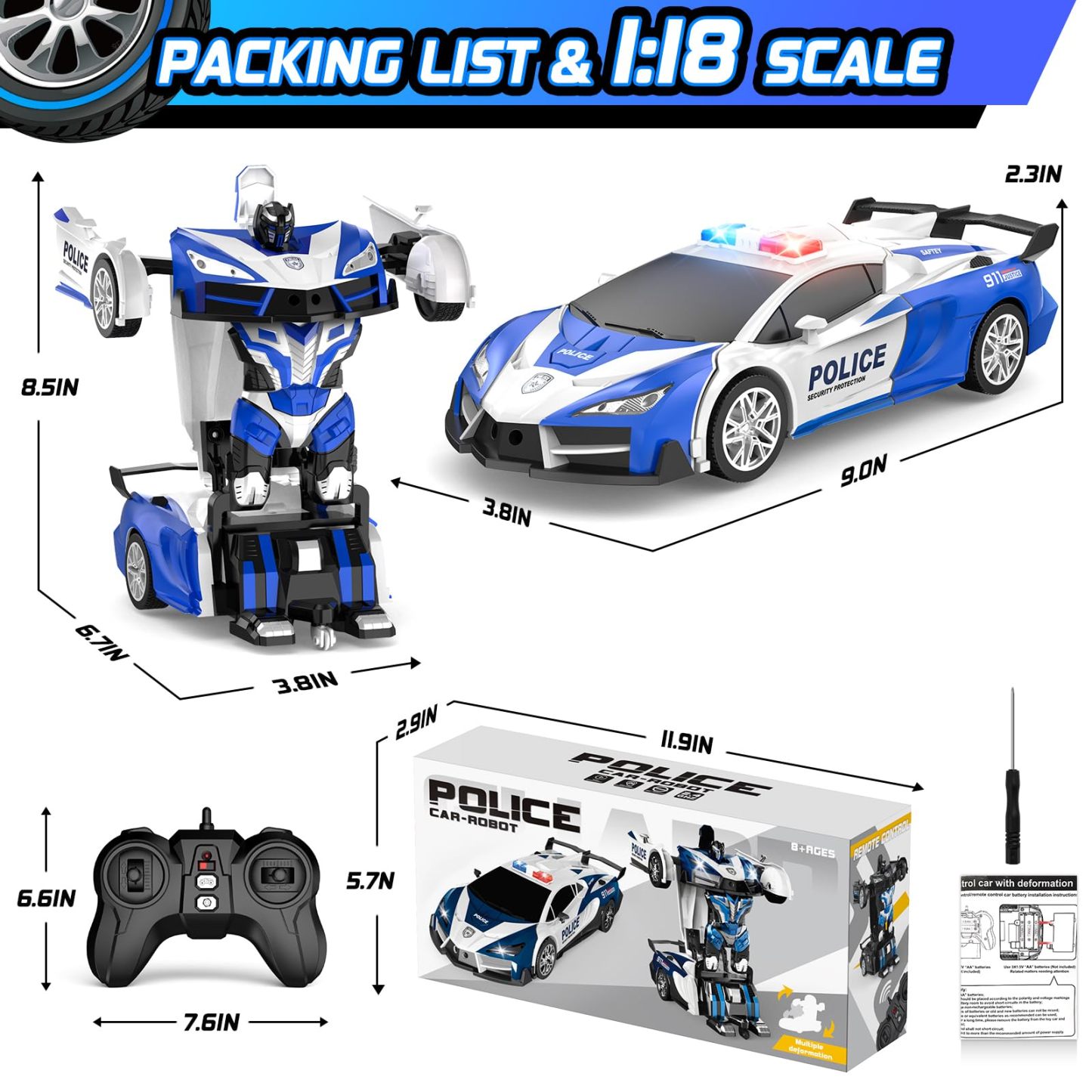 BUY 2 20% OFF Remote Control Car with One Button Transformation, RC Cars Transforming into Robot, 2.4Ghz 360 Degree Rotation Police Car with Light, 1:18 Scale Transform Toys for Boys Girls Kids 4-7 8-12 6-8
