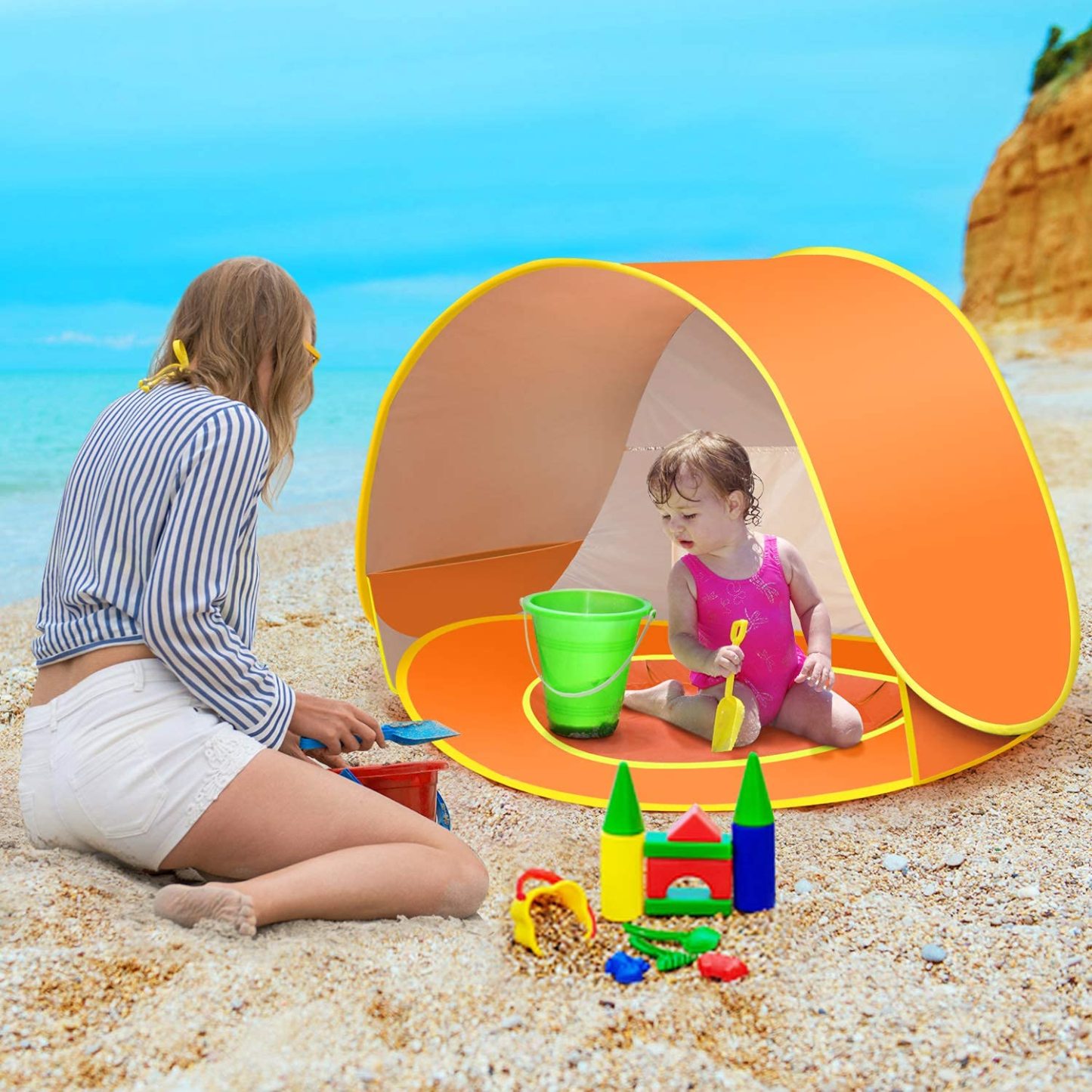 Baby Beach Tent with Mini Pool Pop-Up UV Sun Shelter UPF 50+, Removable Canopy & Carry Bag