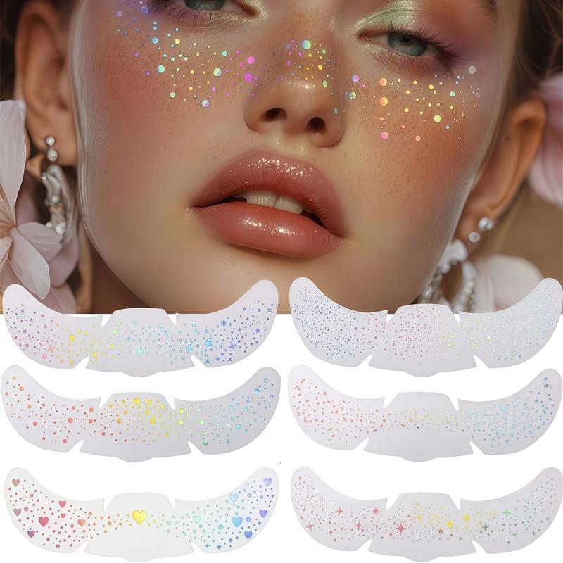 6 Sheets Sparkle Freckles Stickers, Rainbow Heart Star Pattern Waterproof Temporary Tattoo Decals for Party Holiday Daily Makeup Decoration