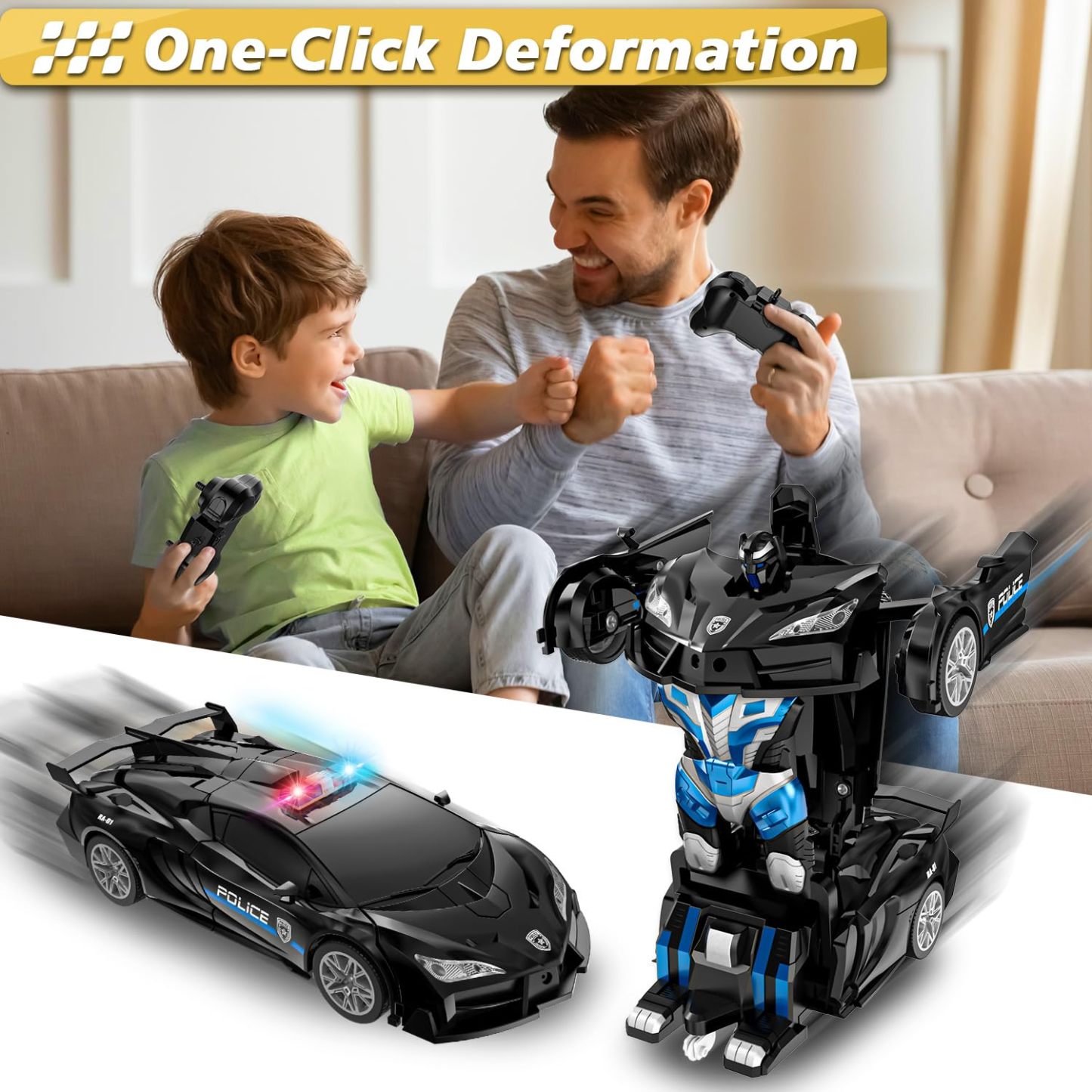 BUY 2 20% OFF Remote Control Car with One Button Transformation, RC Cars Transforming into Robot, 2.4Ghz 360 Degree Rotation Police Car with Light, 1:18 Scale Transform Toys for Boys Girls Kids 4-7 8-12 6-8