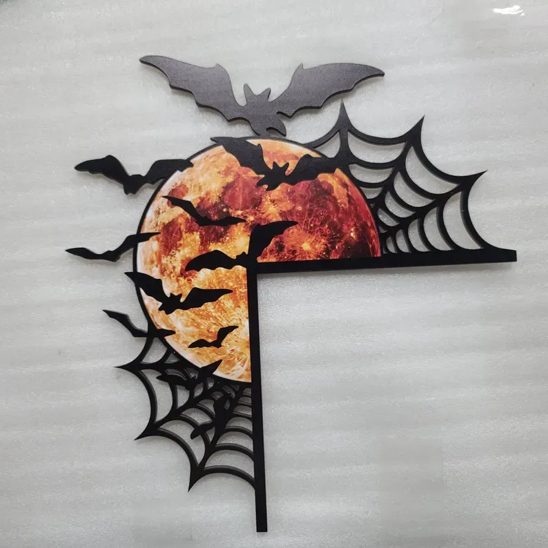 Halloween Door Corner Wooden Sign, Spider Web Moon and Bats Corner Decor, Fireplace Decor, Halloween Gift for Family, Spooky Gift