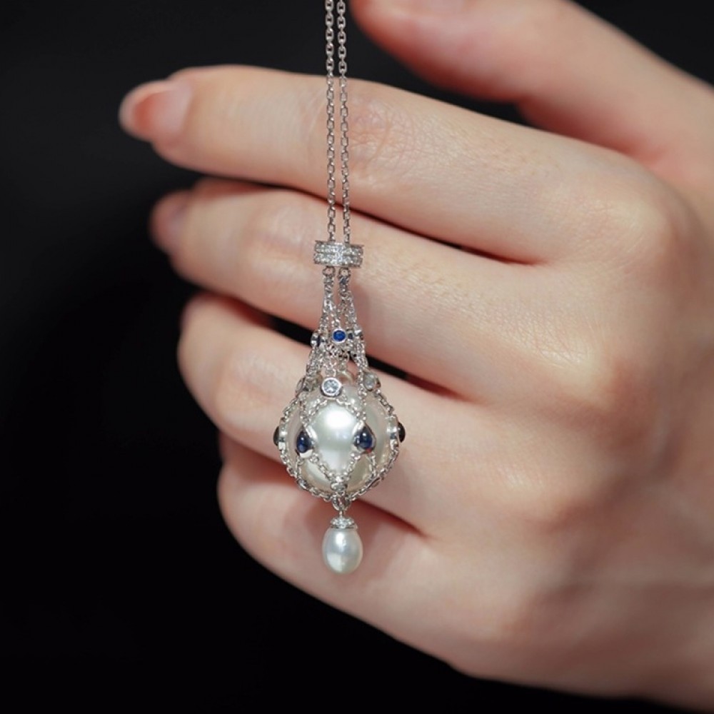 Blue Gemstone Pendant Metal Net Pearl Pendant Sweater Chain