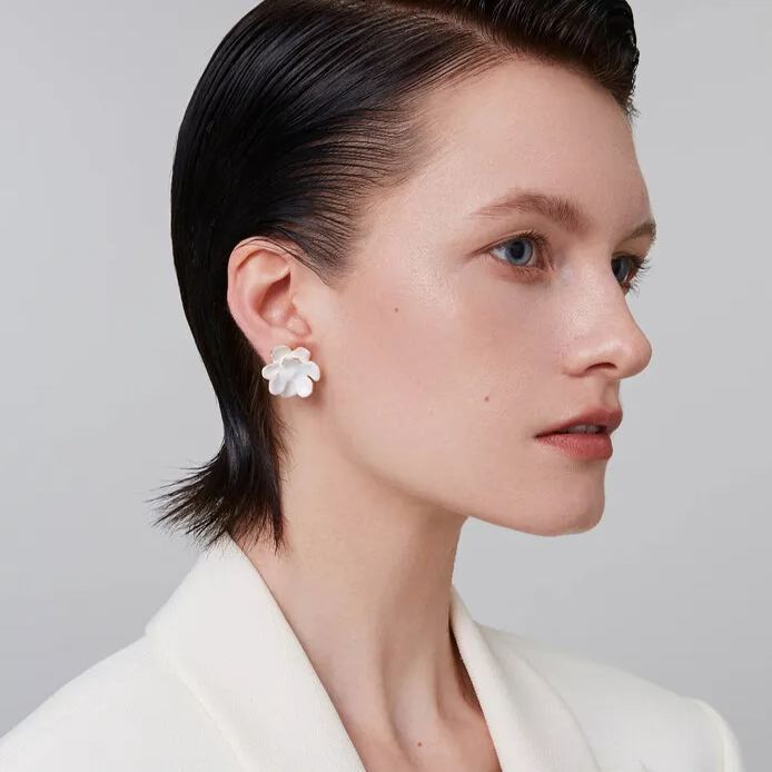 Camellia Collection Petal White Studs Earrings White Enamel