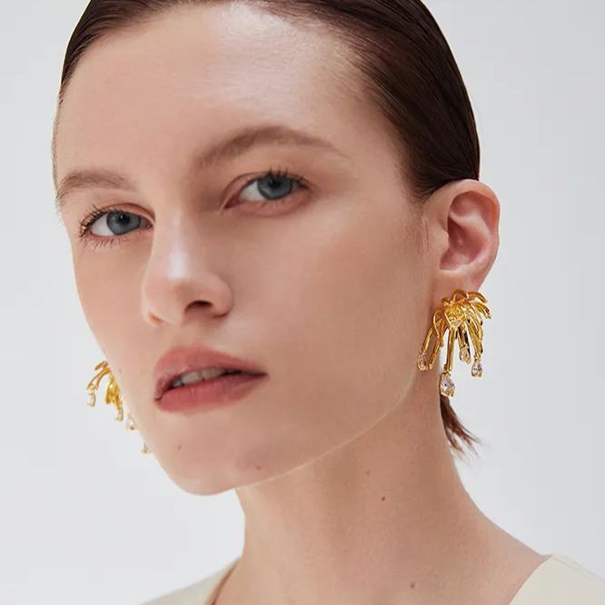 Palms Collection Branches Shape Golden Earrings