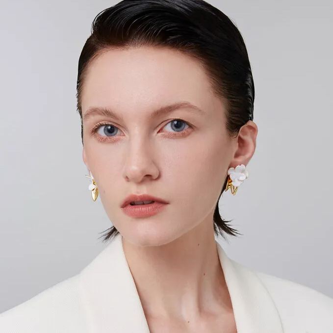 Camellia Collection Flower With Leaf Studs Earrings White Enamel