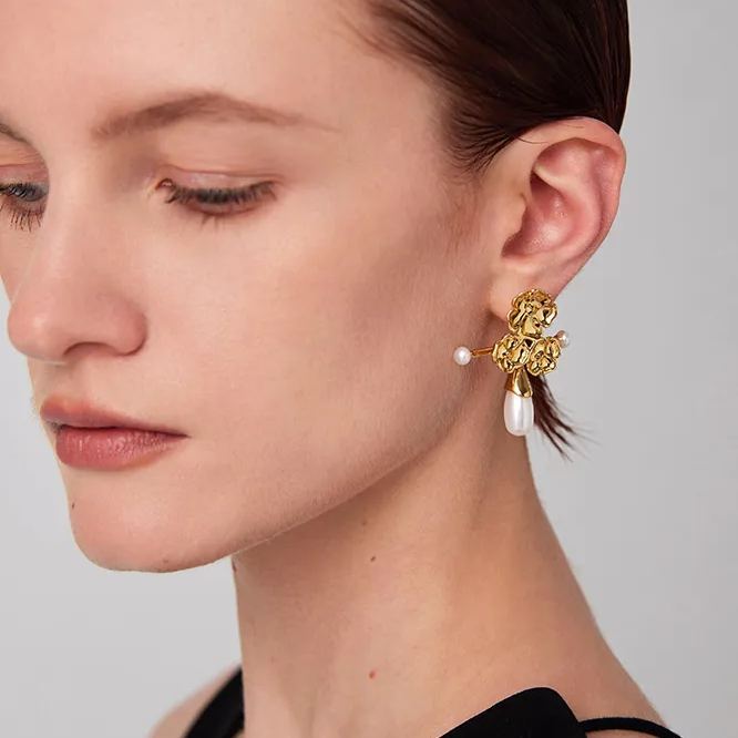 Wild Rose Collection Triflorous Earrings With Pearls