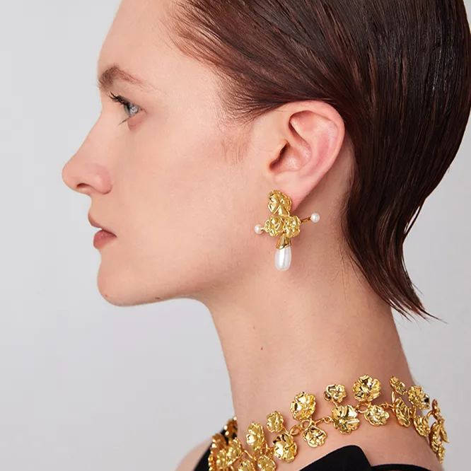 Wild Rose Collection Triflorous Earrings With Pearls