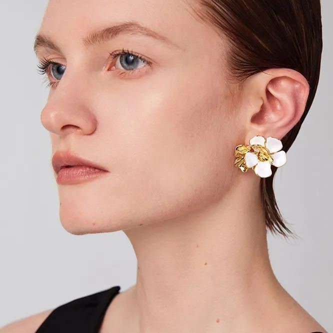 Wild Rose Collection Bifloral Earrings With White Enamel