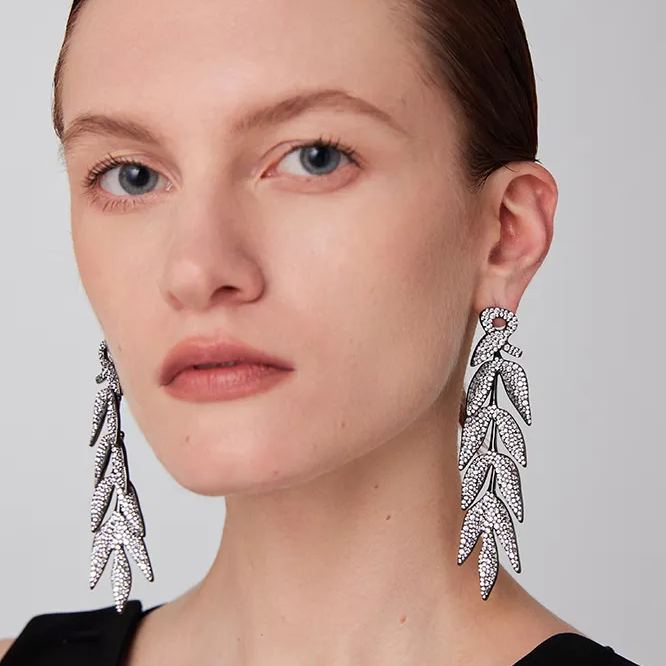 Bamboo Collection Ten Bamboo Leaves Tassel Earrings Full Of Diamonds