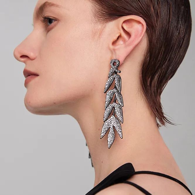 Bamboo Collection Ten Bamboo Leaves Tassel Earrings Full Of Diamonds