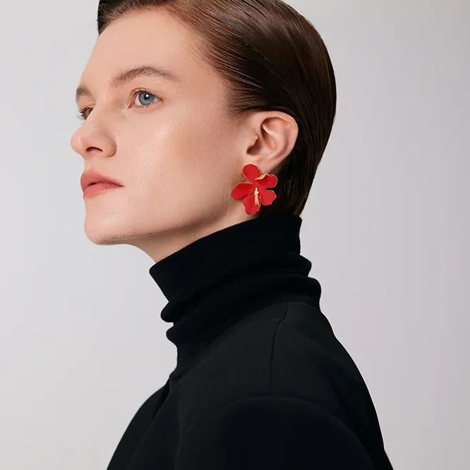 Peach Blooming Collection Asymmetric Large Flower Earrings