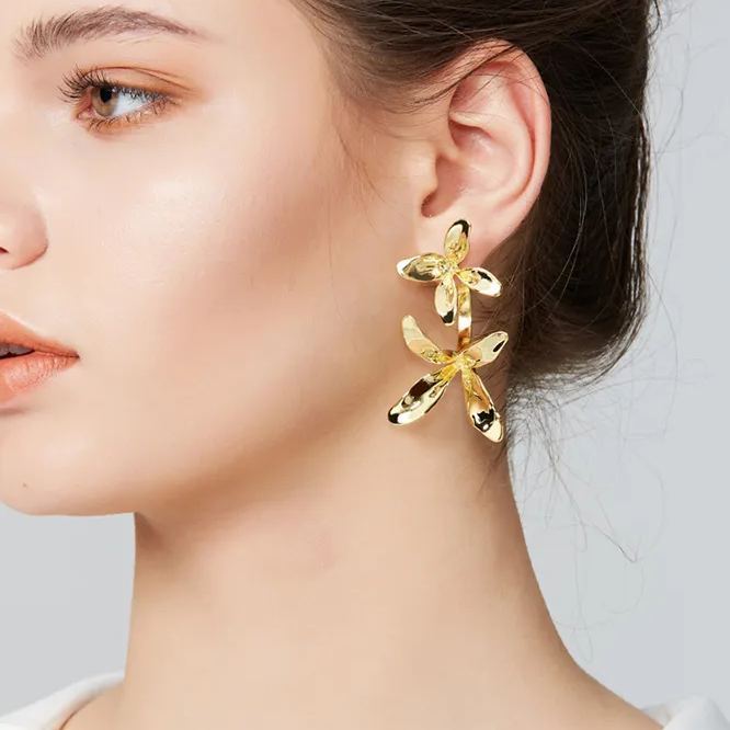 Orchids Collection Bifloral Drop Earrings 14k Gold Plated