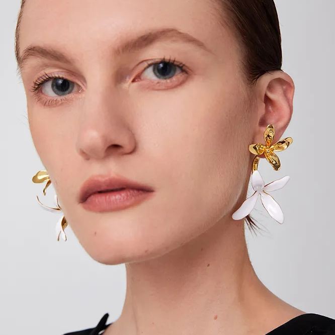 Orchids Collection White And Golden Bifloral Drop Earrings