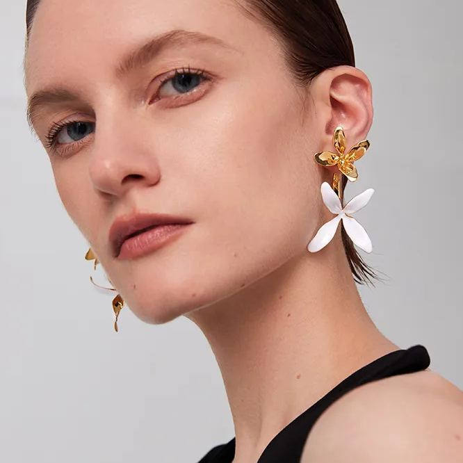 Orchids Collection White And Golden Bifloral Drop Earrings