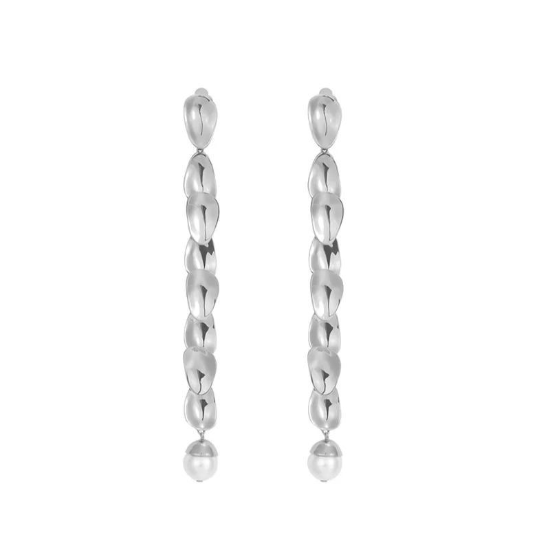 Petals Collection Eight Petals Silver Tassel Ear Clips With Pearls