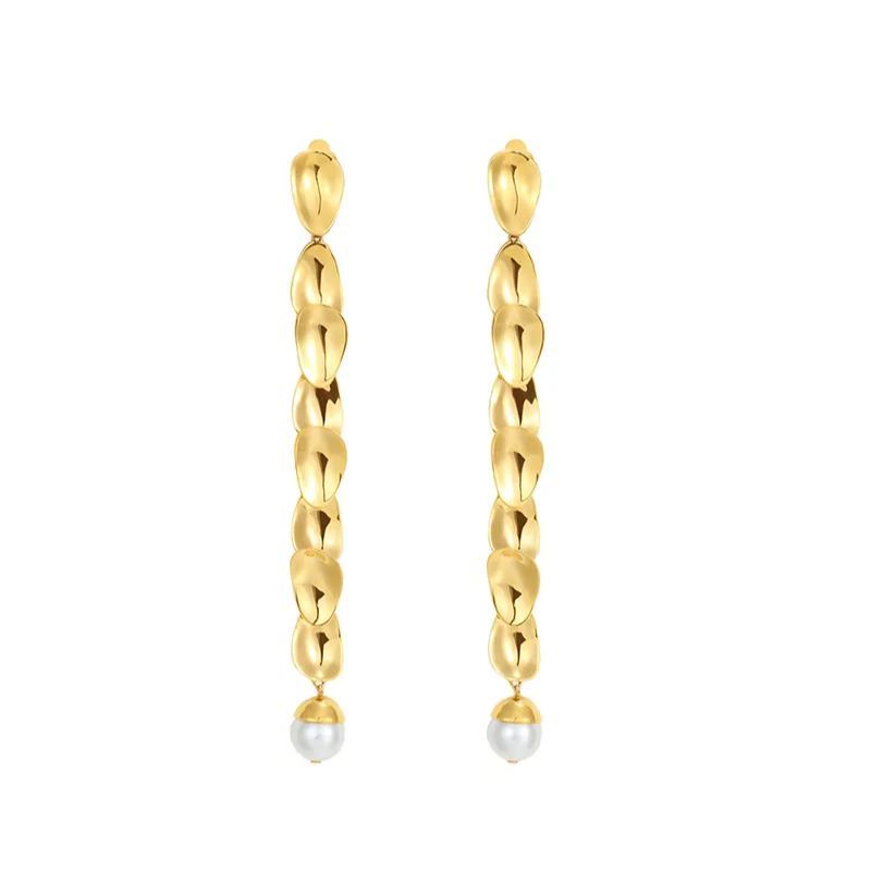 Petals Collection Eight Petals Golden Tassel Ear Clips With Pearls
