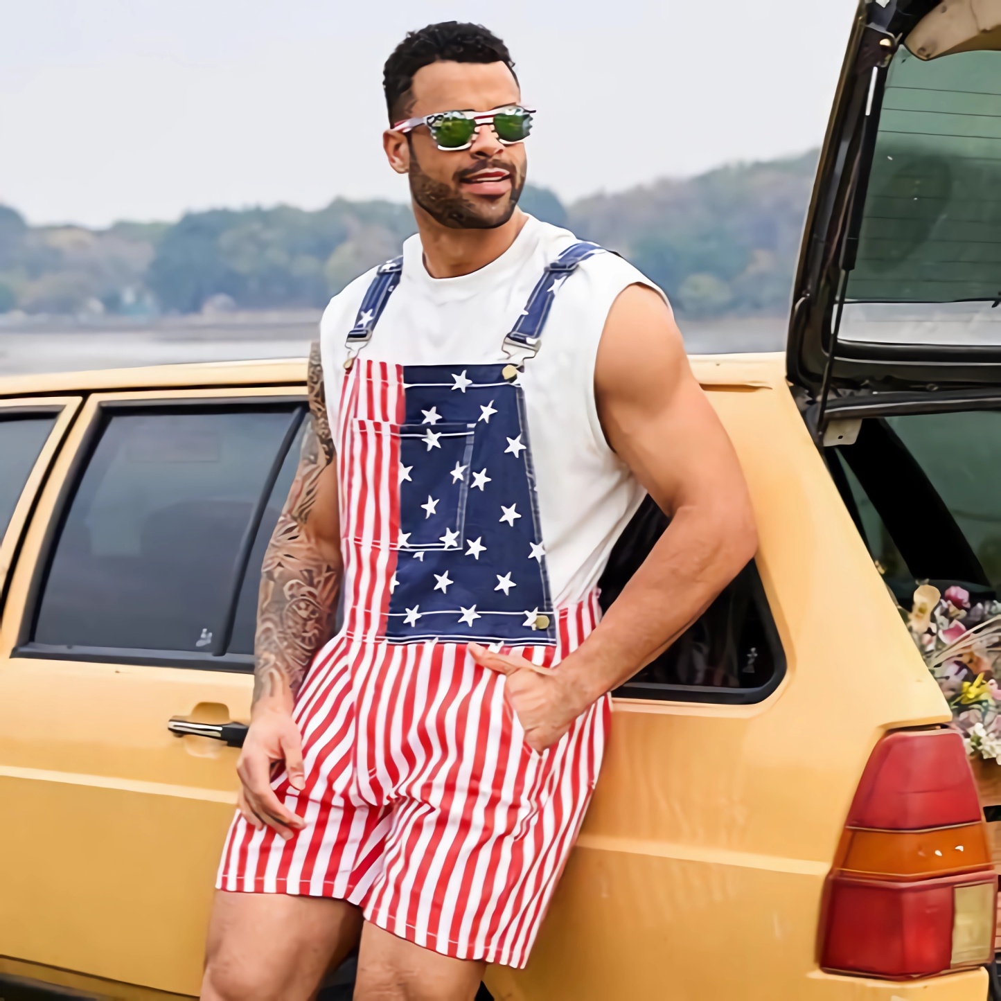 4th of July American Flag Overalls Festival Bib Overalls for Men Shorts Jumpsuit Adjustable Straps Coveralls