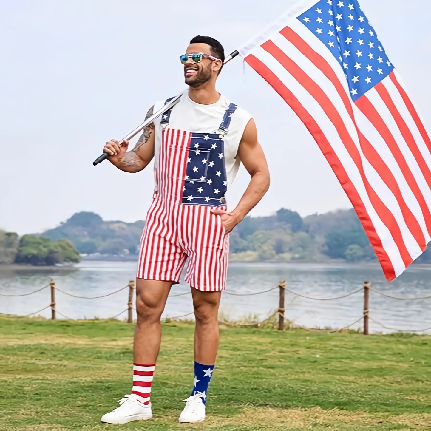 4th of July American Flag Overalls Festival Bib Overalls for Men Shorts Jumpsuit Adjustable Straps Coveralls