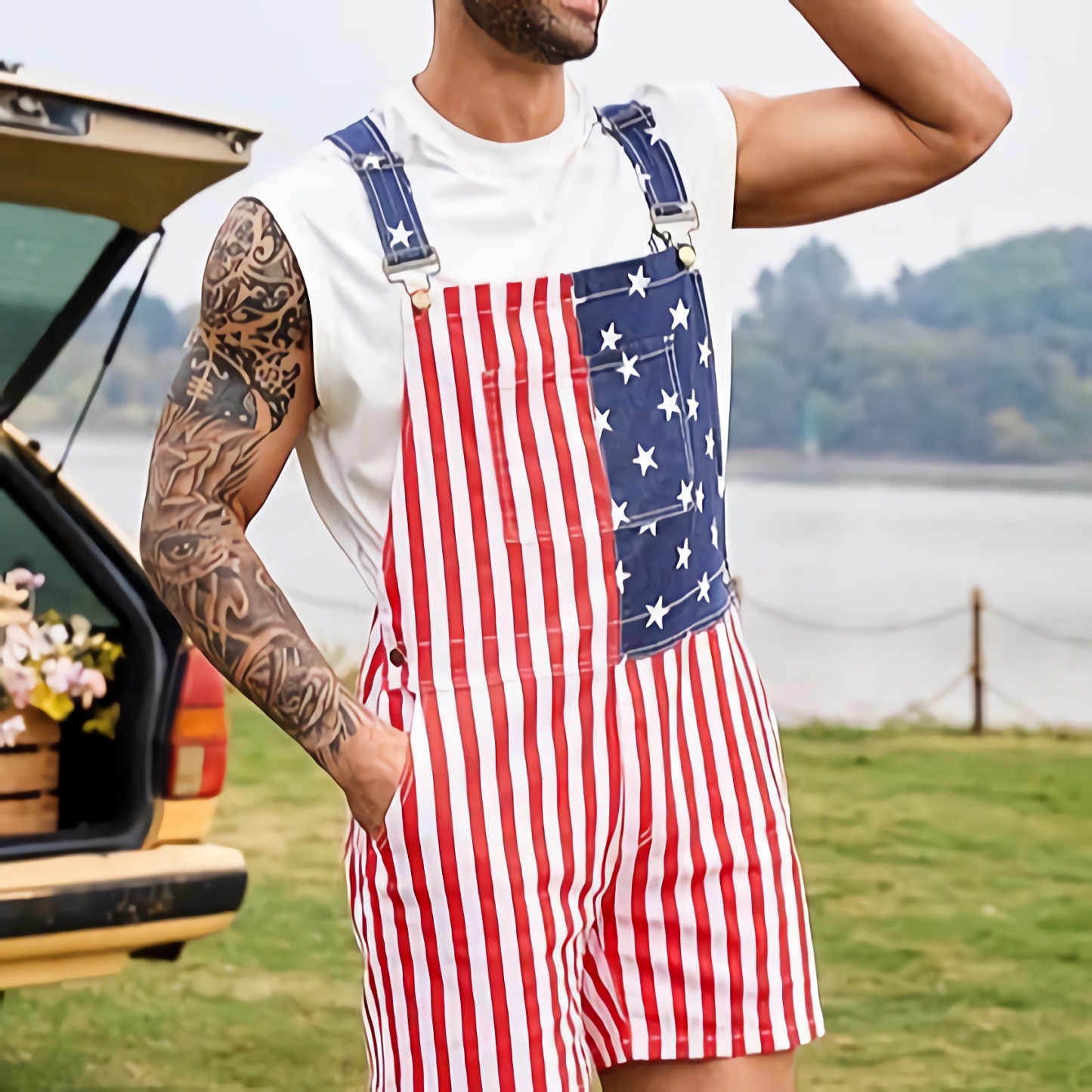 4th of July American Flag Overalls Festival Bib Overalls for Men Shorts Jumpsuit Adjustable Straps Coveralls