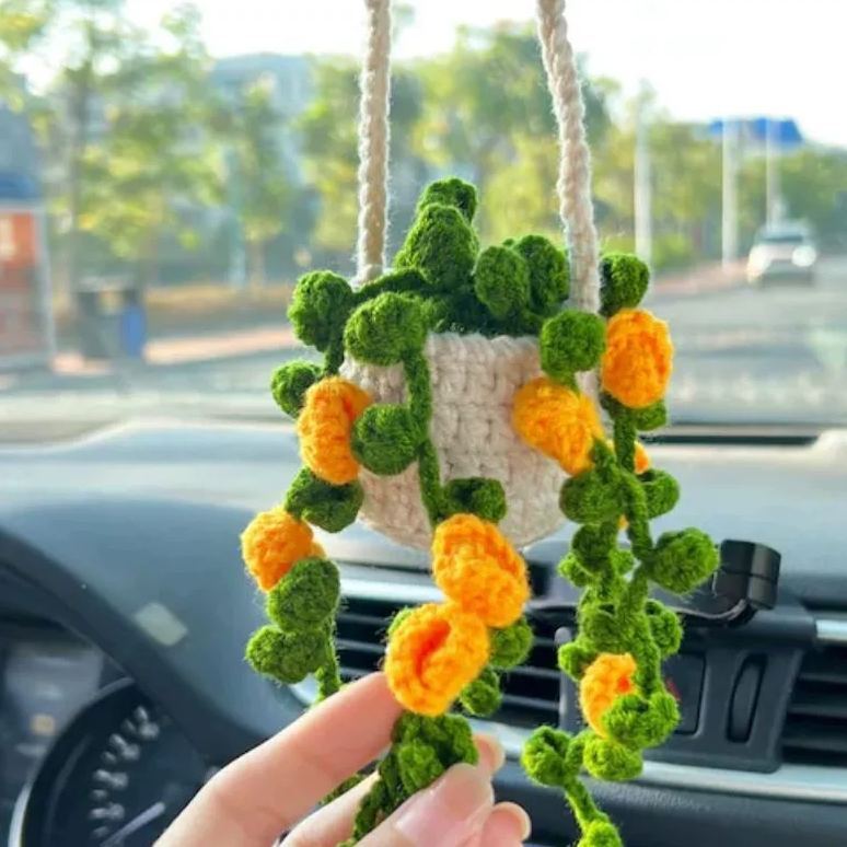 Blooming Car Hanging Basket - Hand Crochet Macrame Rearview Mirror Charm, Boho Floral Car Accessory