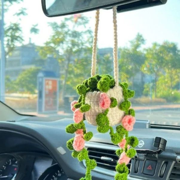Blooming Car Hanging Basket - Hand Crochet Macrame Rearview Mirror Charm, Boho Floral Car Accessory