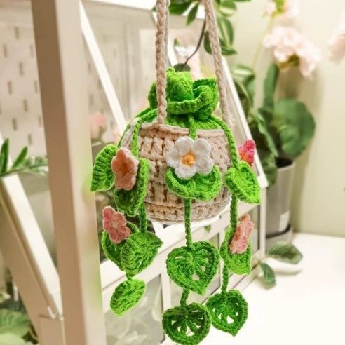 Blooming Car Hanging Basket - Hand Crochet Macrame Rearview Mirror Charm, Boho Floral Car Accessory