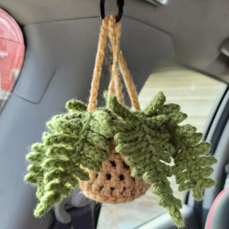 Blooming Car Hanging Basket - Hand Crochet Macrame Rearview Mirror Charm, Boho Floral Car Accessory