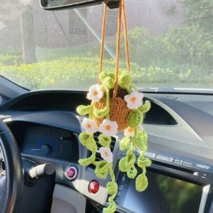 Blooming Car Hanging Basket - Hand Crochet Macrame Rearview Mirror Charm, Boho Floral Car Accessory
