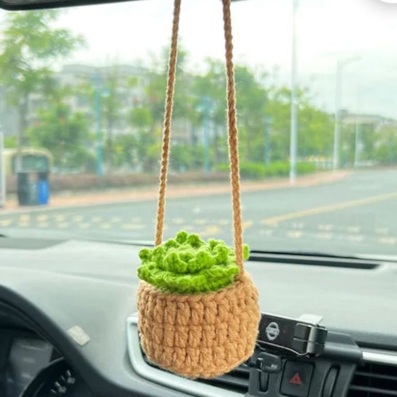 Blooming Car Hanging Basket - Hand Crochet Macrame Rearview Mirror Charm, Boho Floral Car Accessory