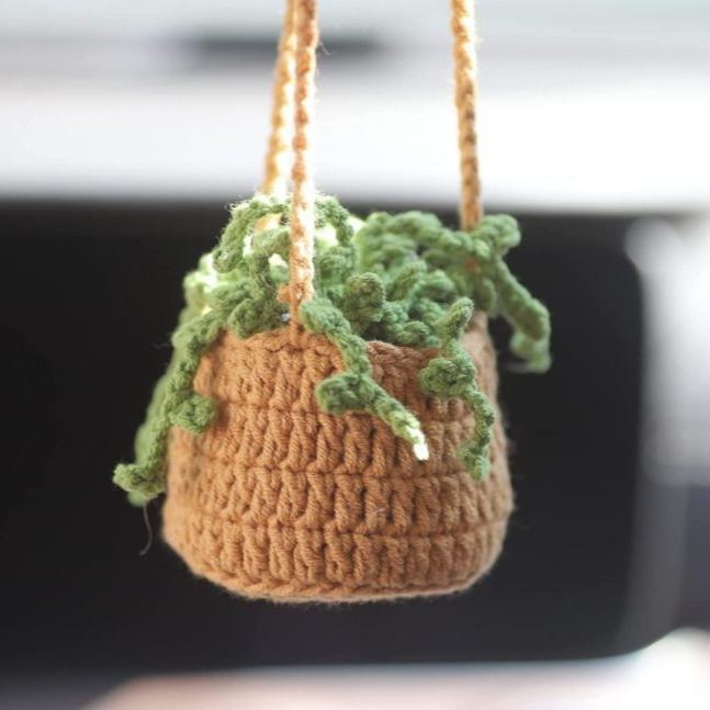 Blooming Car Hanging Basket - Hand Crochet Macrame Rearview Mirror Charm, Boho Floral Car Accessory