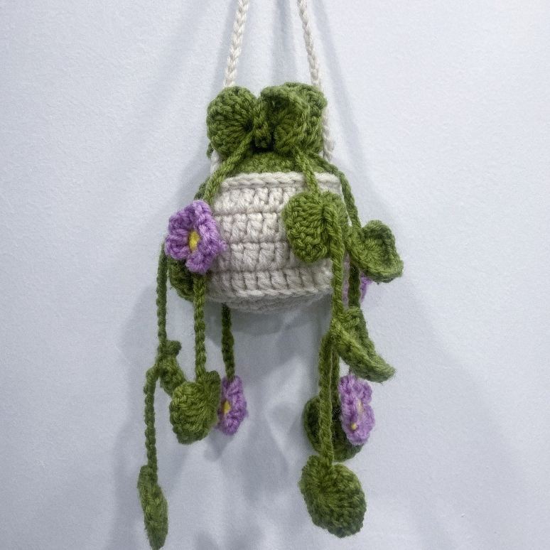 Blooming Car Hanging Basket - Hand Crochet Macrame Rearview Mirror Charm, Boho Floral Car Accessory