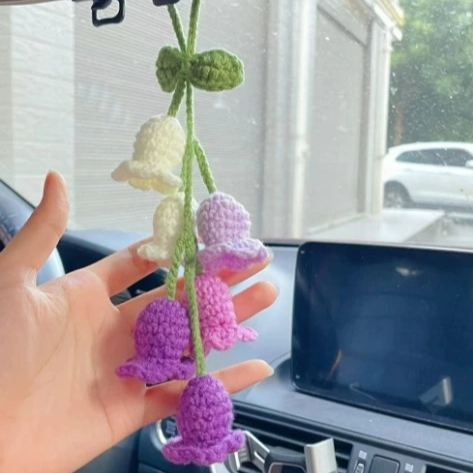 Blooming Car Hanging Basket - Hand Crochet Macrame Rearview Mirror Charm, Boho Floral Car Accessory
