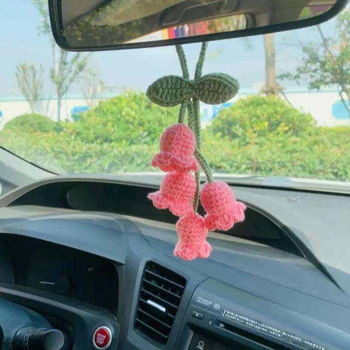 Blooming Car Hanging Basket - Hand Crochet Macrame Rearview Mirror Charm, Boho Floral Car Accessory