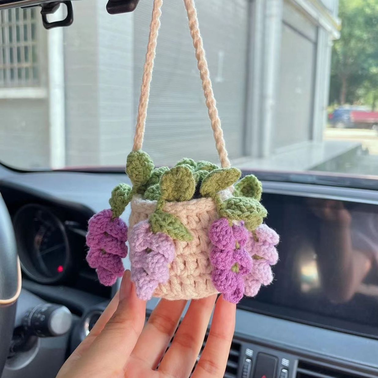 Blooming Car Hanging Basket - Hand Crochet Macrame Rearview Mirror Charm, Boho Floral Car Accessory