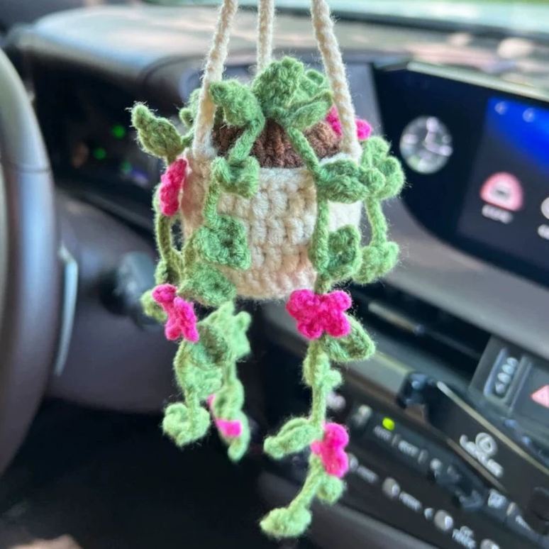Blooming Car Hanging Basket - Hand Crochet Macrame Rearview Mirror Charm, Boho Floral Car Accessory