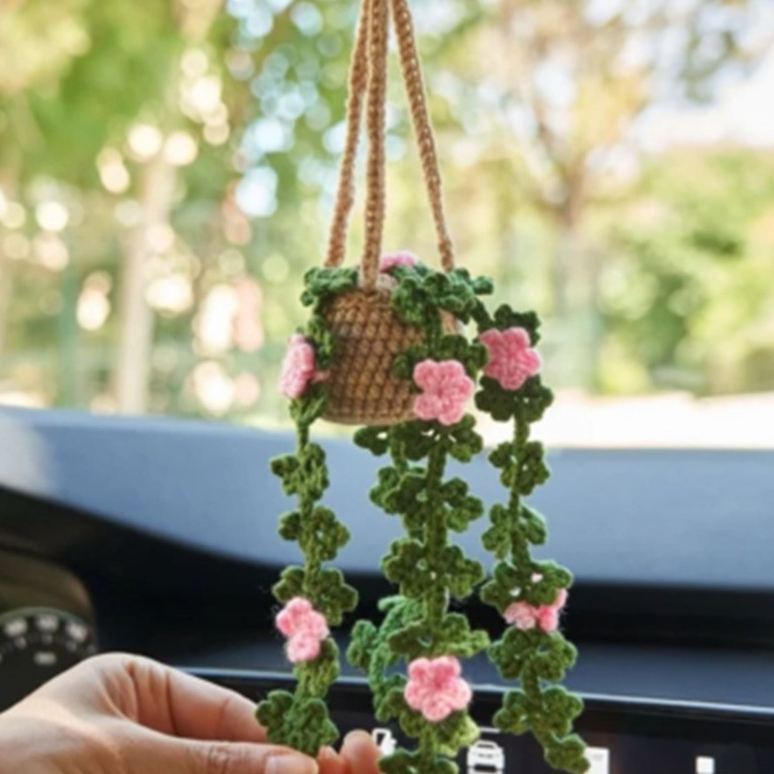 Blooming Car Hanging Basket - Hand Crochet Macrame Rearview Mirror Charm, Boho Floral Car Accessory