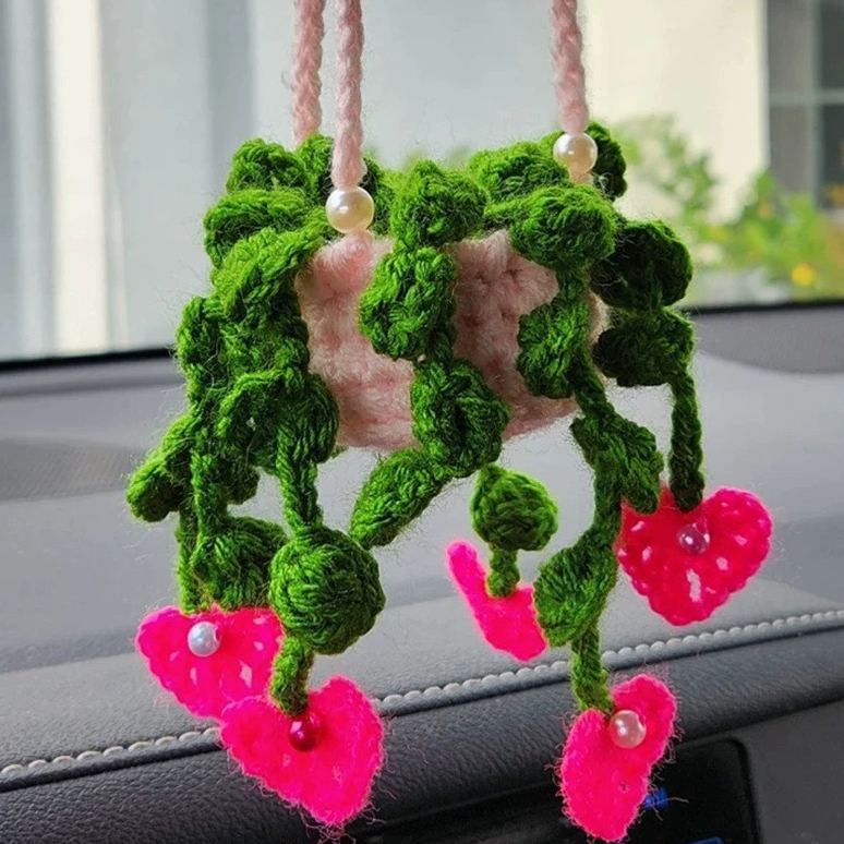 Blooming Car Hanging Basket - Hand Crochet Macrame Rearview Mirror Charm, Boho Floral Car Accessory