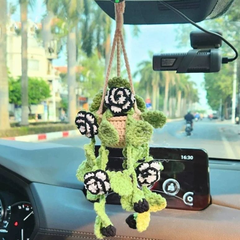 Blooming Car Hanging Basket - Hand Crochet Macrame Rearview Mirror Charm, Boho Floral Car Accessory