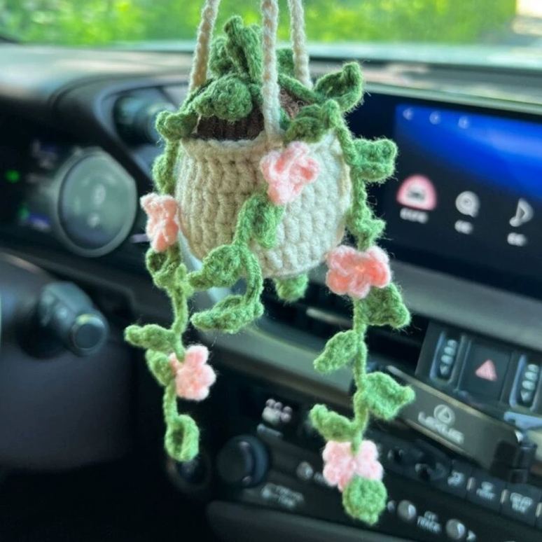 Blooming Car Hanging Basket - Hand Crochet Macrame Rearview Mirror Charm, Boho Floral Car Accessory