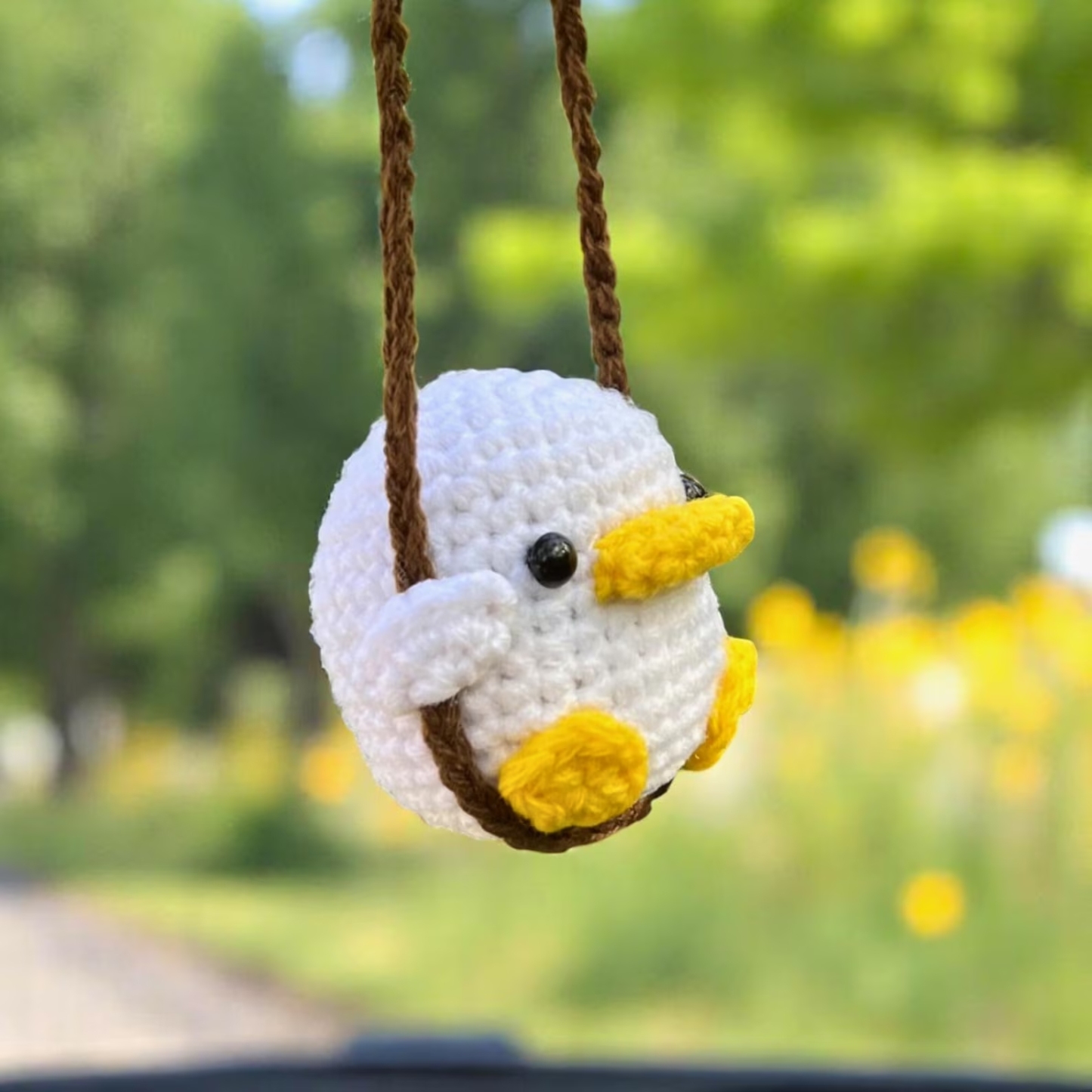 Adorable Crochet Frog on a Swing - Whimsical Handmade Car Hanging Charm, Cute Baby Duck Crochet