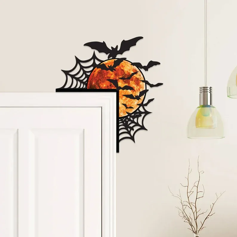 Halloween Door Corner Wooden Sign, Spider Web Moon and Bats Corner Decor, Fireplace Decor, Halloween Gift for Family, Spooky Gift
