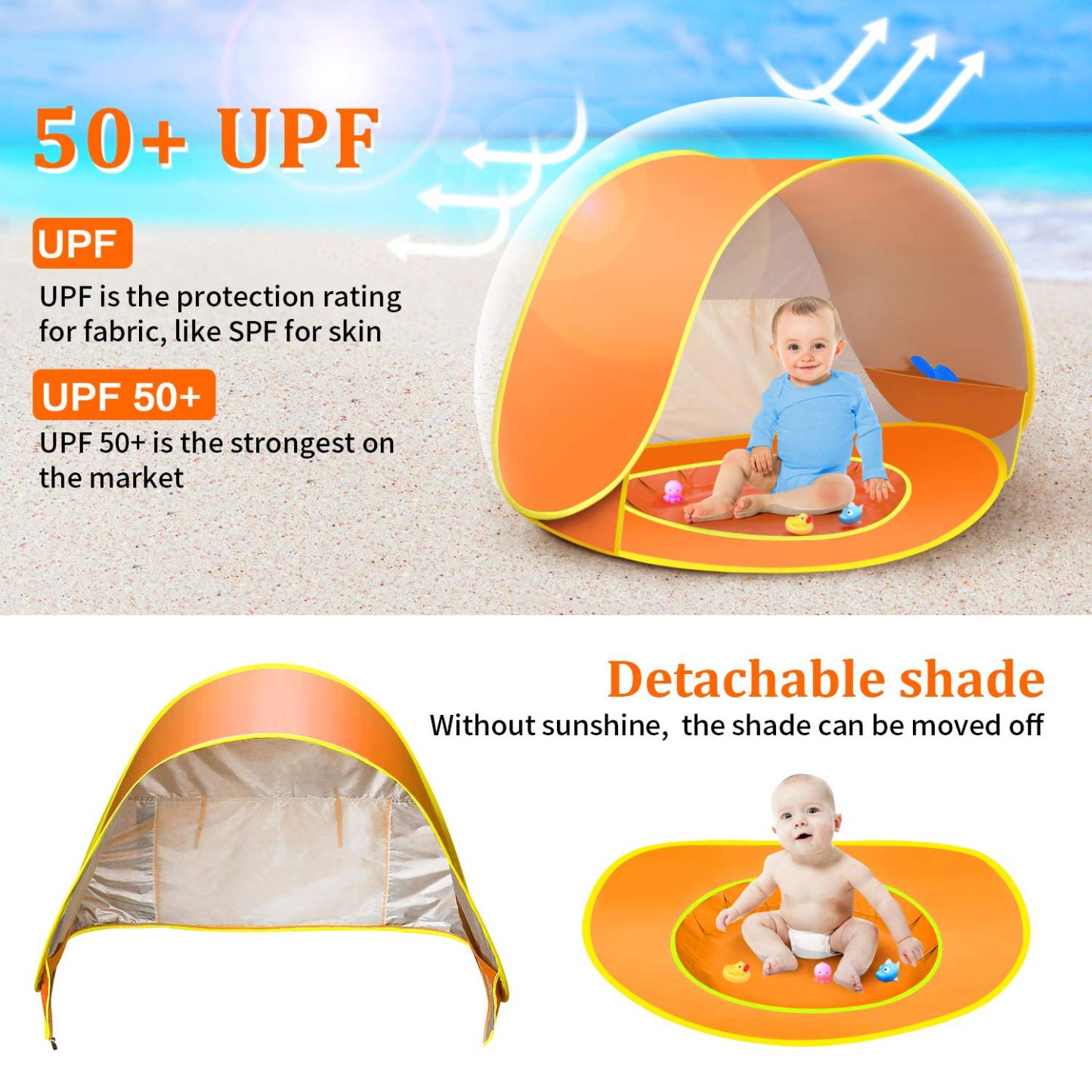 Baby Beach Tent with Mini Pool Pop-Up UV Sun Shelter UPF 50+, Removable Canopy & Carry Bag