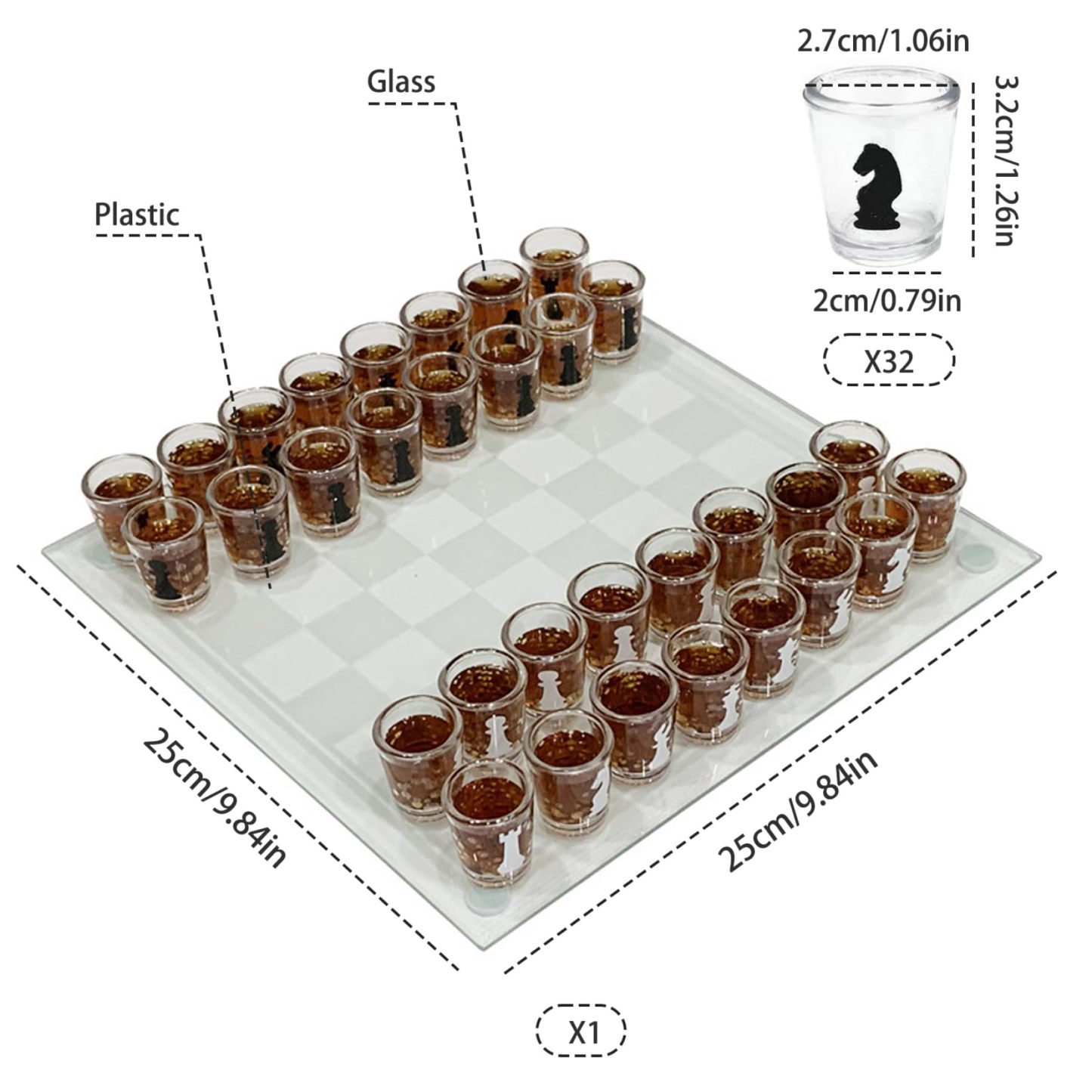 Chess Shot Glass Set | 10x10 Inch Clear Glass Board with 32 Shot Glass Chess Pieces, Fun Drinking Game for Adults, Party Gift, Novelty Chess Set for Game Nights