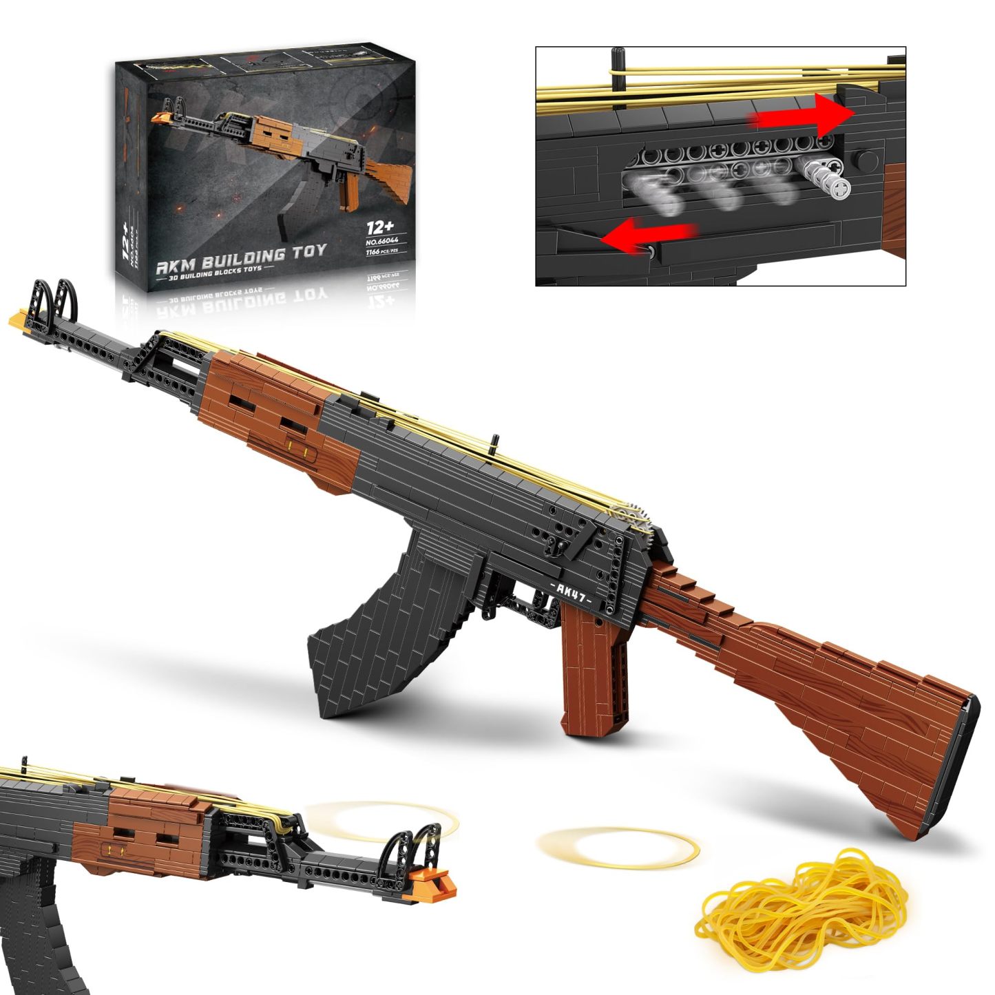 Building Block Gun for Adults, 1: 1 AKM-47 Model Gun That Shoot Rubber Band Educational Toys DIY Assembling Building Toys Set for Boys Age 14+, Collectible Gift for Military Weapon Toy Lovers,1166Pcs