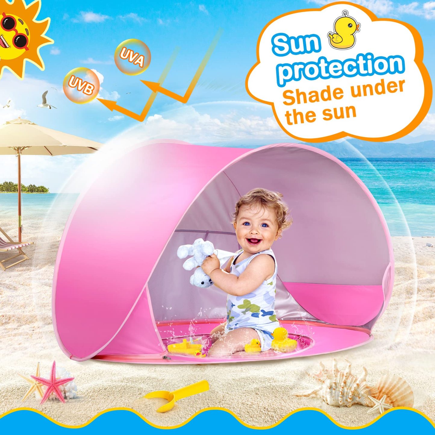 Baby Beach Tent with Mini Pool Pop-Up UV Sun Shelter UPF 50+, Removable Canopy & Carry Bag