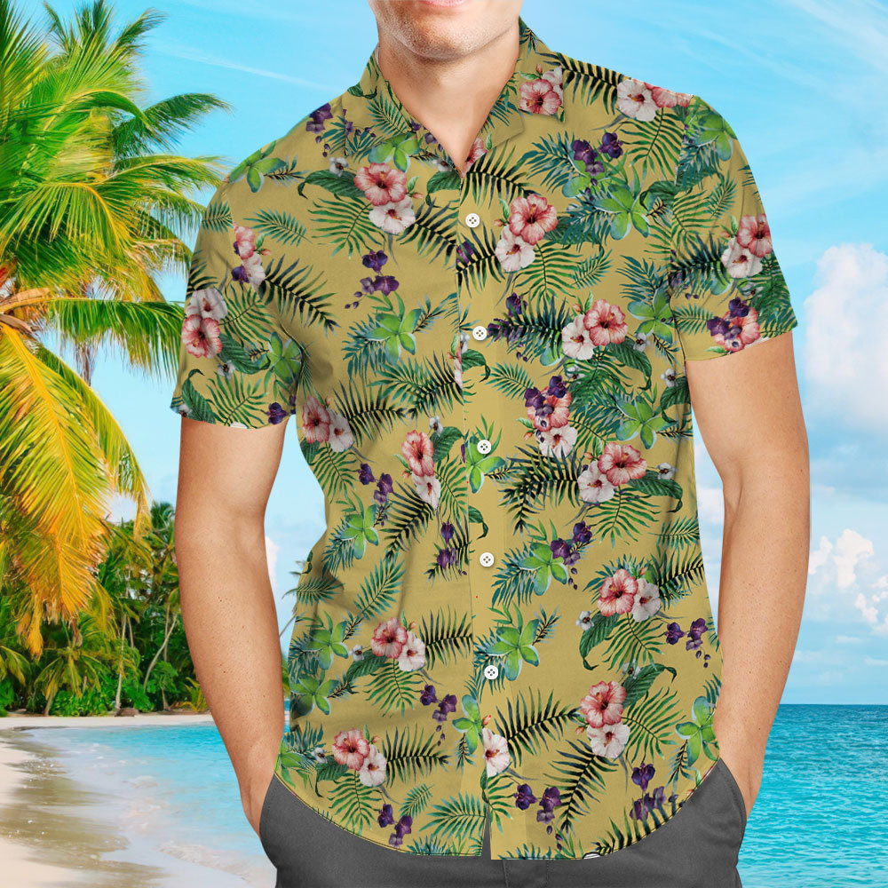 Hawaiian Shirt Aloha Beach Shirt For Men From Size S to 5XL Yellow Tropical Shirt with Pink Flowers