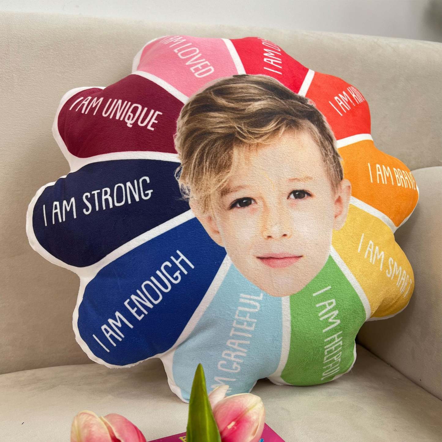 Personalized Custom Photo Pillow | Shaped Face Design with "I Am Kind, I Am Smart, I Am Grateful