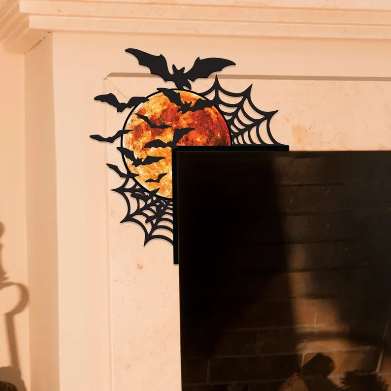 Halloween Door Corner Wooden Sign, Spider Web Moon and Bats Corner Decor, Fireplace Decor, Halloween Gift for Family, Spooky Gift