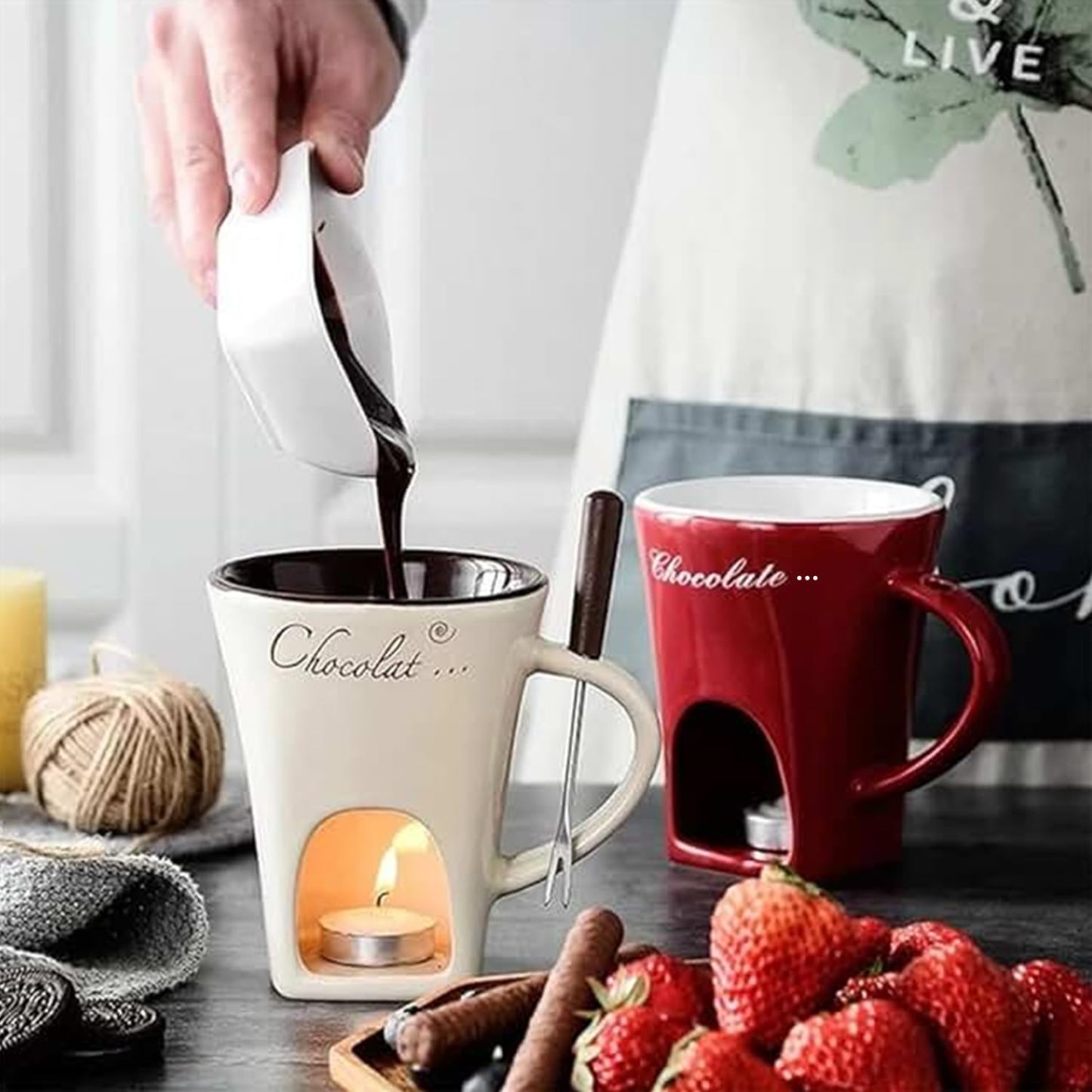 Sweet Fondue Cup for Date Night and More, Chocolate Melting Cup Set with Forks, Perfect as Fondue Mug or Chocolate Fondue Mug - Ideal Gifts for Birthday, Wedding, Mini Simmer Mug