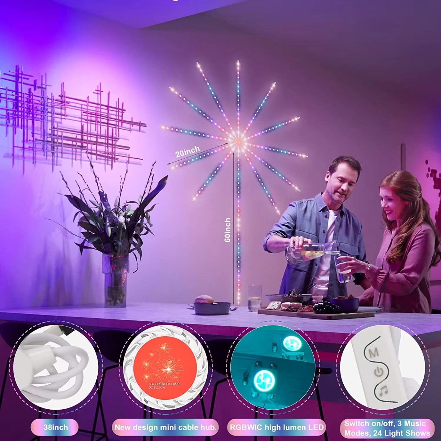 Music Sync Bluetooth APP and Remote Control TV LED Strip Lights,RGB TV Lights Backlight Behind, USB Powered for Bedroom/Gaming (LED Fireworks (10 * 12 inch+1 * 40inch))
